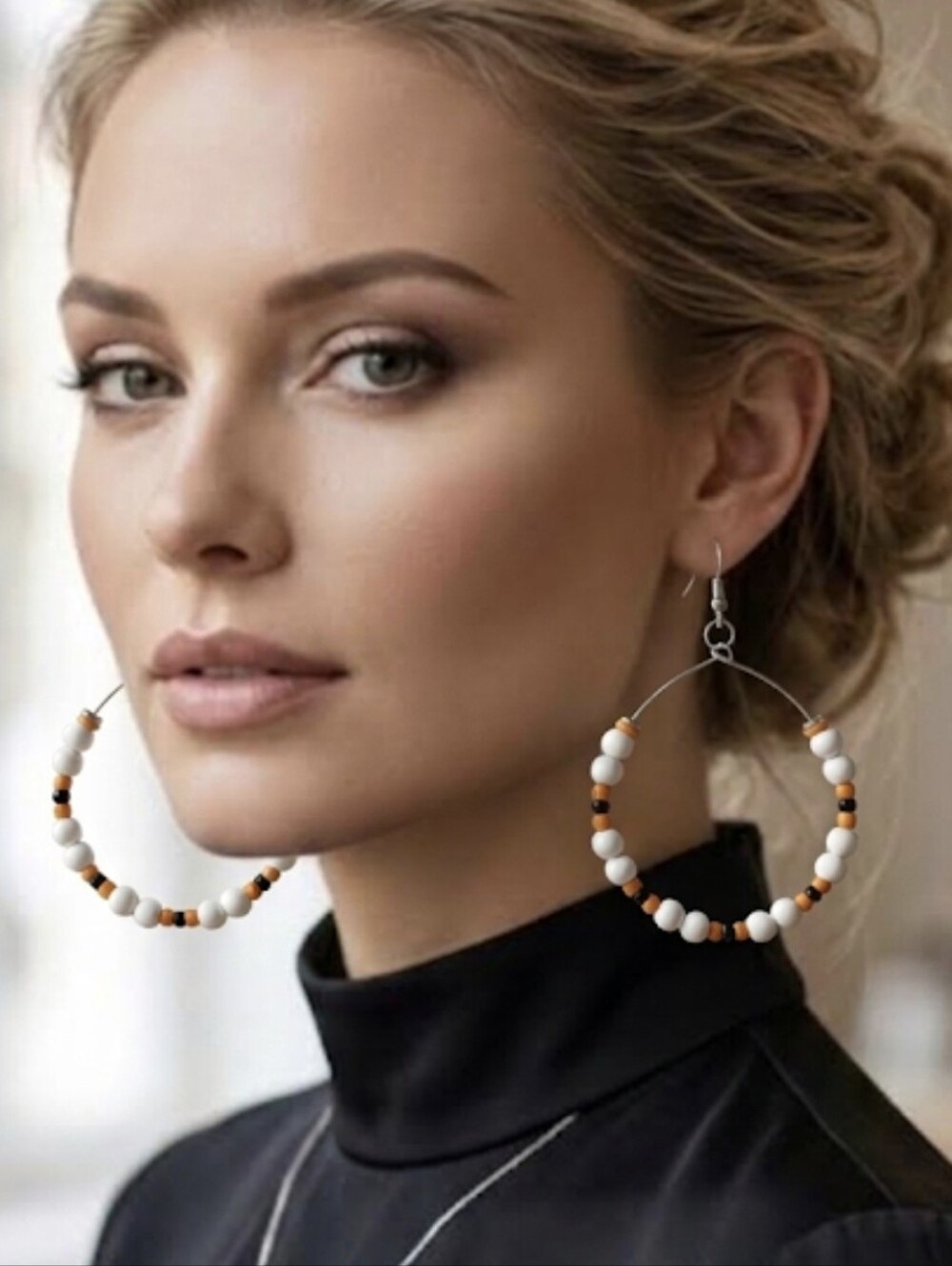 Halloween Hoop Earrings with Wood Beads and Seed Beads 8 cm.super lightweight